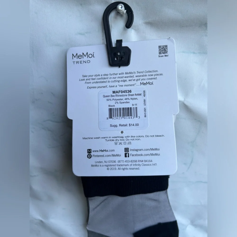 MEMOI WOMEN'S QUEEN BEE RHINESTONE CUFF SHEER ANKLET SOCK black new 9-11